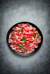 sliced cured ham, prosciutto, italian dish, delicacy, parma ham, top view, no people,