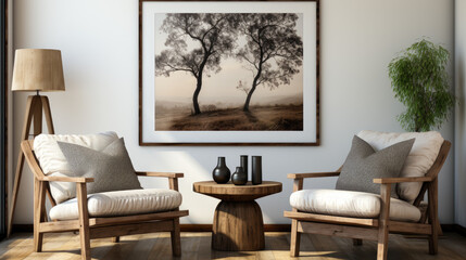 Modern Living Room with Two Leather Armchairs, a Round Wooden Coffee Table, and Tree Artwork on the Wall