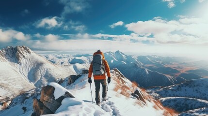 Naklejka na ściany i meble Hiking at the top of a snowy mountain