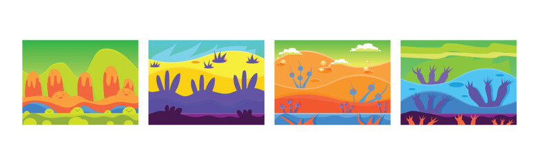 Naklejka premium Bright Gaming Background with Abstract Nature Environment Vector Set