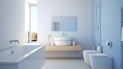Interior of modern luxury scandi bathroom with window and white walls. Wall hung toilet, bathtub, wash basin on wooden countertop, rectangular wall mirror. Contemporary home design. 3D rendering.