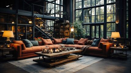 Elegant Urban Living Room with Brown Leather Sofa, Wooden Coffee Table - obrazy, fototapety, plakaty