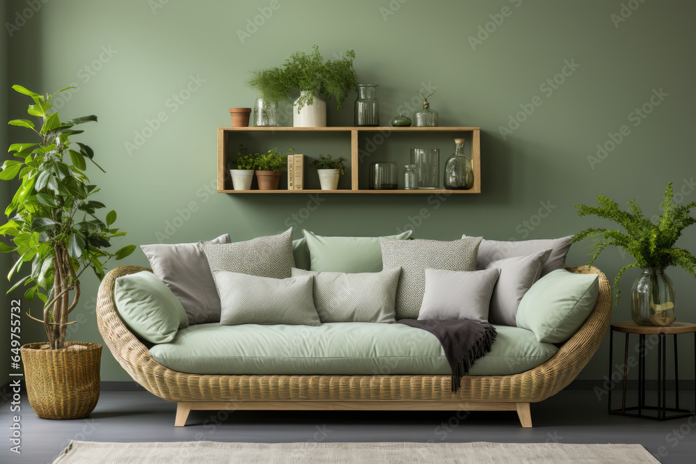 Wall mural a rattan sofa with light green cushions, a wicker basket, and big plants stands against a green wall