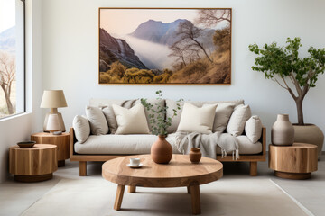 Round wooden coffee table near beige sofas against white wall with posters. Scandinavian style home interior design of living room