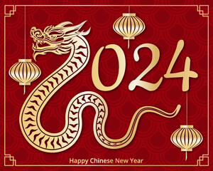 Happy chinese new year 2024 year of the dragon zodiac sign with ,lantern,asian elements gold