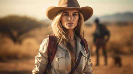 Portrait of a young woman with a hat on a safari in Africa - obrazy, fototapety, plakaty
