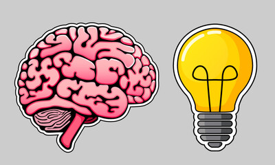 Human brain and lamp bulb stickers. Cute funny cartoon icon style.