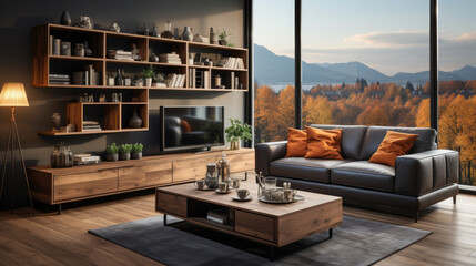 Modern living room with leather sofa and mountain view