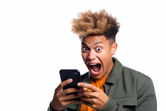 Fotografia de um homem mexendo no smartphone e tendo rea&ccedil;&otilde;es de susto e surpresa, imagem dedicada para marketing digital e publicidade.