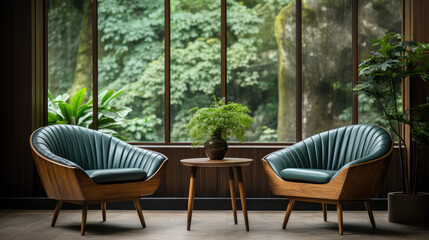 living room with barrel chairs and forest view