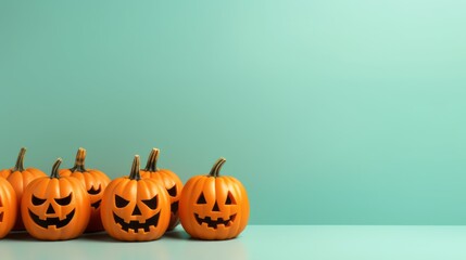 Halloween pumpkins on pastel green background with copy space