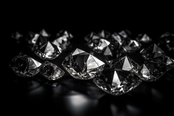 Reflective diamonds on black surface. Black-and-white backdrop. Generative AI