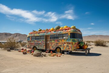 Fruit-adorned motorhome amidst unusual desert scenery. Generative AI