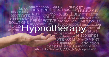 Offering you a Hypnotherapy service word cloud - female with open palm hand and the word HYPNOTHERAPY above surrounded by relevant word cloud on a modern abstract background  
