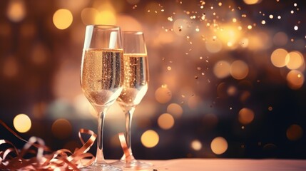 Two glasses of champagne with confetti, glitter, serpentine and lights new year celebration