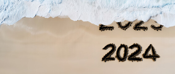 new year 2024 concept, wave washing the old year beach