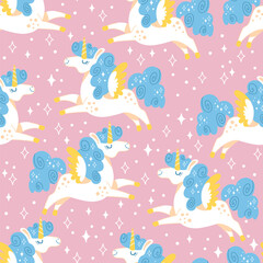 Seamless pattern unicorns blue main vector illustration