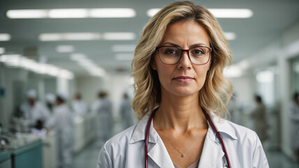 Portrait of a confident female doctor with stethoscope at hospital, high quality - obrazy, fototapety, plakaty