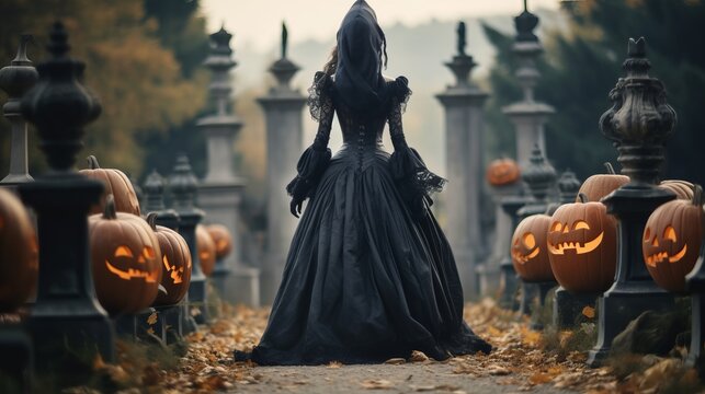 Happy Halloween! Full-length image of black witch with scary makeup in long black mantle is walking near castle. Halloween pumpkins are on the foreground