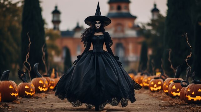 Happy Halloween! Full-length image of black witch with scary makeup in long black mantle is walking near castle. Halloween pumpkins are on the foreground
