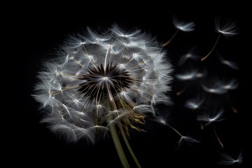 A dandelion with seeds floating in the wind against a black background. Generative AI
