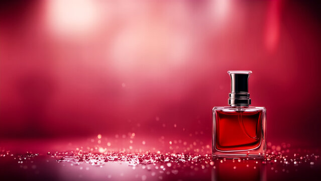 Rosso passionale, bottiglia di profumo su sfondo rosso
