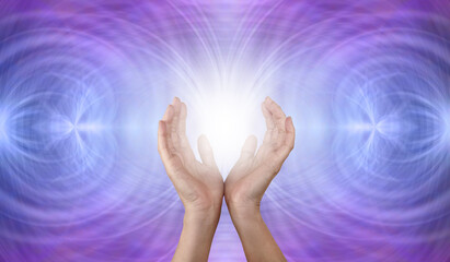 Sending out Scalar Healing energy vibes - Female cupped hands against matrix symmetrical purple...