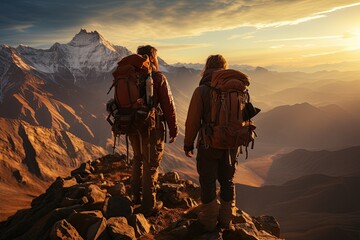 Two determined mountaineers standing at their well-prepared base camp, surrounded by rugged and challenging terrain,Generated with AI