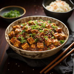 Tofu mit Schweinehackfleisch, asiatische Küche, Schüssel, Essstäbchen, gesund, leicht, würzig, lecker, food, restaurant