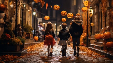 Kids in Halloween costumes playing on night city street, back view. The city streets at night are decorated with Halloween decorations and lanterns