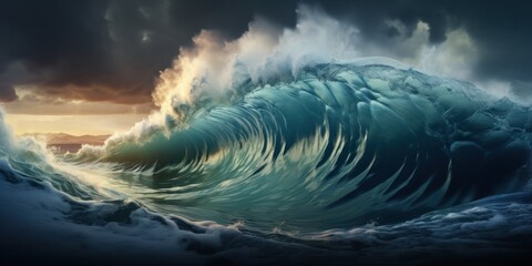 Giant tsunami waves, dark stormy sky. Perfect Storm. Huge waves Tsunami Big waves. Generative AI.