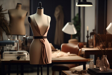 Crafting Elegance: Inside the Fashion Design Studio, a Glimpse of a Tailor's Office with a Mannequin Showcasing the Latest Dress Design.