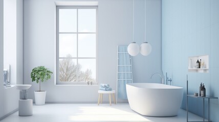 Interior of modern luxury scandi bathroom with window and white walls. Free standing bathtub, wash basin, houseplant, pendant lamps. Contemporary home design. 3D rendering.