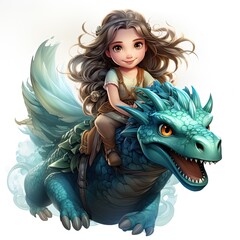 A little beautiful princess on a cartoon dragon is flying forward. Generated by AI.