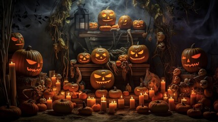 set up for halloween with pumpkins carved with monsters and lit by candles