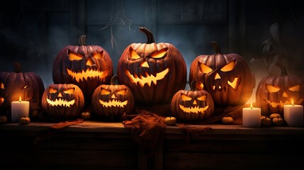 The concept of Halloween. Many glowing fiery light angry scary pumpkins. jack lantern in the dark, on a wooden background