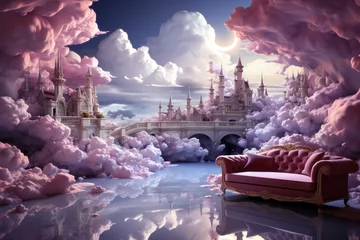 Gardinen Fantasy landscape with fantasy castles and red sofa. 3d rendering © ako-photography