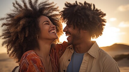 Young black couple embracing and laughing on the beach at golden hour - Powered by Adobe