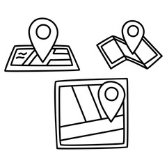 Doodle location icon set. Map pictogram. Terrain orientation, gps doodle icon isolated on white background