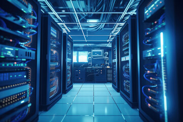 Digital Nerve Center: Server Room Boasting Switches, Internet Cables, Wires, and Cutting-Edge Fiber Optic Gear. The Backbone of Modern Networking.