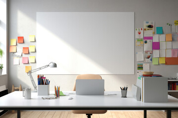 Organized Workspace: A White Bulletin Board Adorned with Sticky Notes & Essential Stationery, Strategically Positioned Above the Office Desk..
