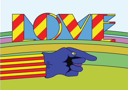 The Dreadful Flying Glove. Blue glove from the Yellow Submarine. The Beatles. Love. Blue Meanie. Sixties psychedelic art cartoon illustration.