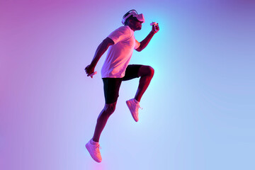 Fototapeta na wymiar african american athletic man quickly runs and jumps in virtual reality glasses in neon lighting