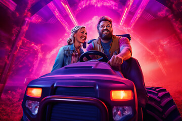 Love on Wheels: A Romantic Couple Laughing on a Freight Vehicle, Immersed in Purple Hues—A Whimsical Concept for Valentine's Day or Date Night Imagery. Ilustration 