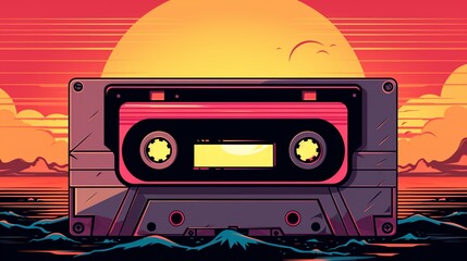 Retro cassette tape, vector art illustration of a cassette tape in the manner of the 1980s, mix tape retro cassette design Themes for retro music and audio, synthwave, and vaporwave - obrazy, fototapety, plakaty