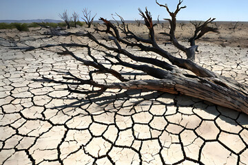 dead trees on dry and cracked land drought metaphor water crisis, climate change,  environment concept, generative ai