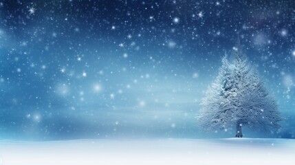Snowy winter tree background. Christmas and New Year tree borders in blue, widescreen, with an abstract blue background and snow