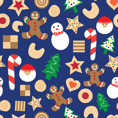 Blue Christmas cookies vector pattern background with gingerbread, thumbprint and santa cookies