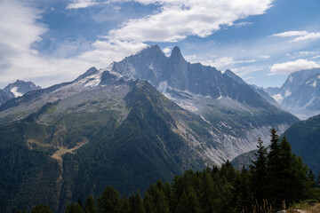 Amazing view on Monte Bianco mountains range with with Monblan on background. Vallon de Berard...