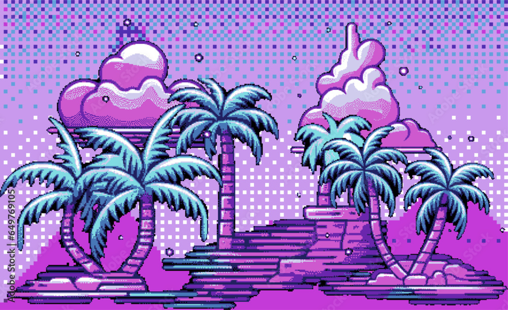 Poster pixel art of mountain landscape. template for video game or retro the 80's like design.